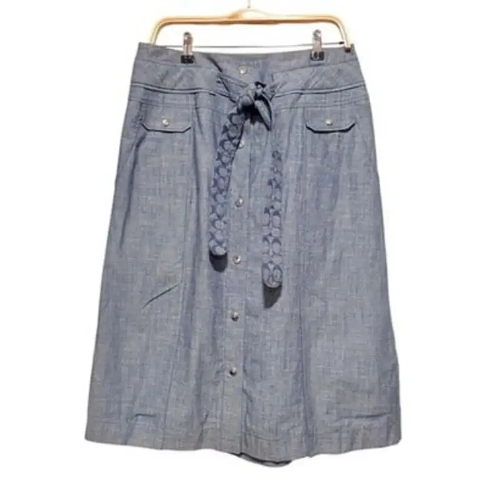 Coach 1941 Sz 10 Belted Chambray Blue Coastal Knee Length Skirt